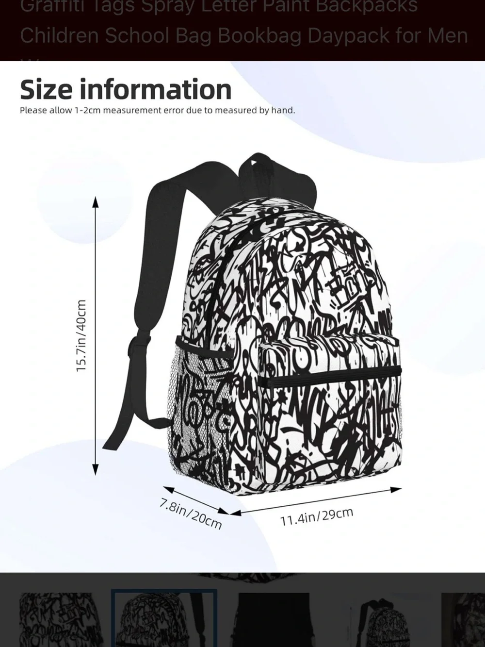 Black & White Graffiti Print Backpack for kids, Men and Women, NWT
